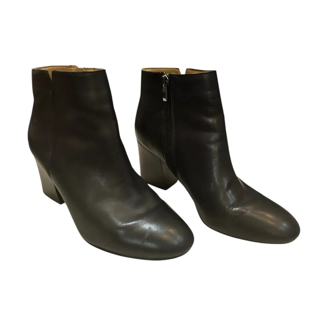 Franco Sarto Black Leather Ankle Boots Size 7.5 Block Heel Zip